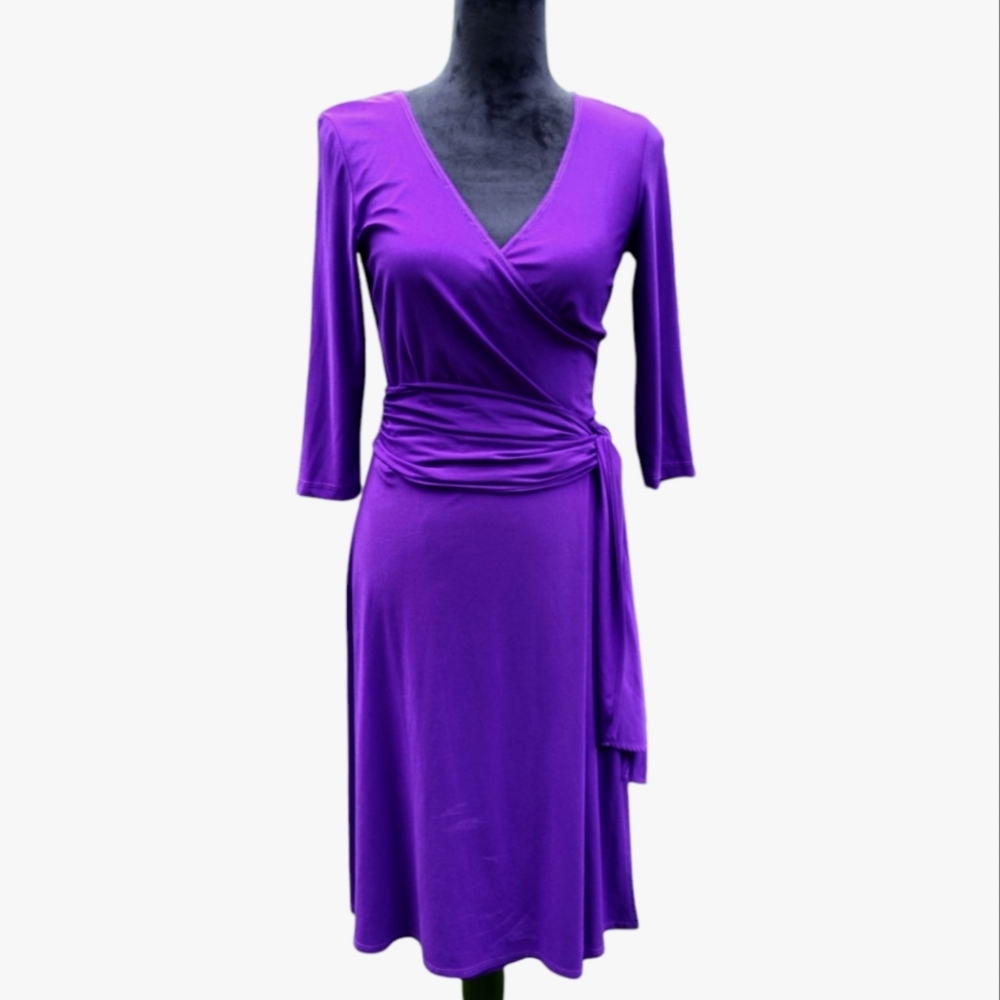 Purple Faux Wrap Midi Dress